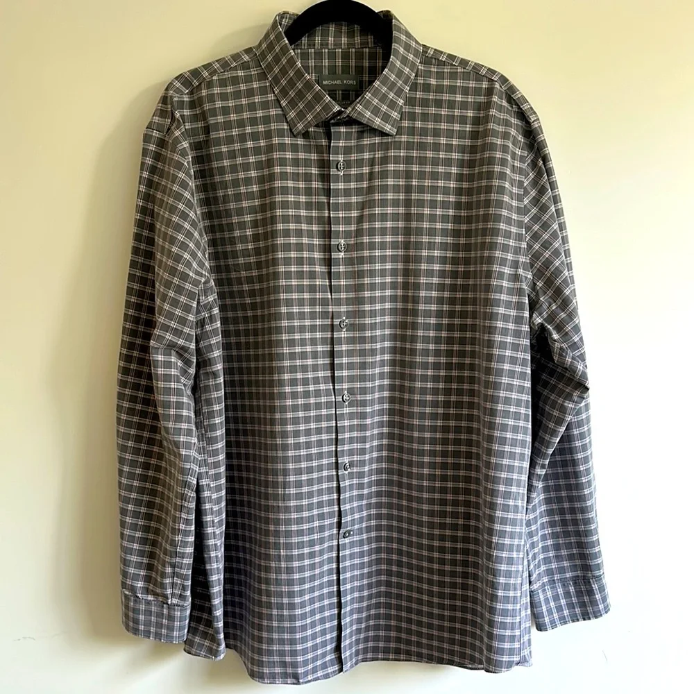 Michael Kors Gray Checkered Regular Fit Airsoft  Cotton Button Down Dress Shirt